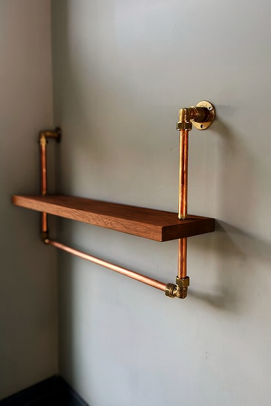 Eiken Wandplank met Koperen Buis – Handgemaakt en Op Maat.